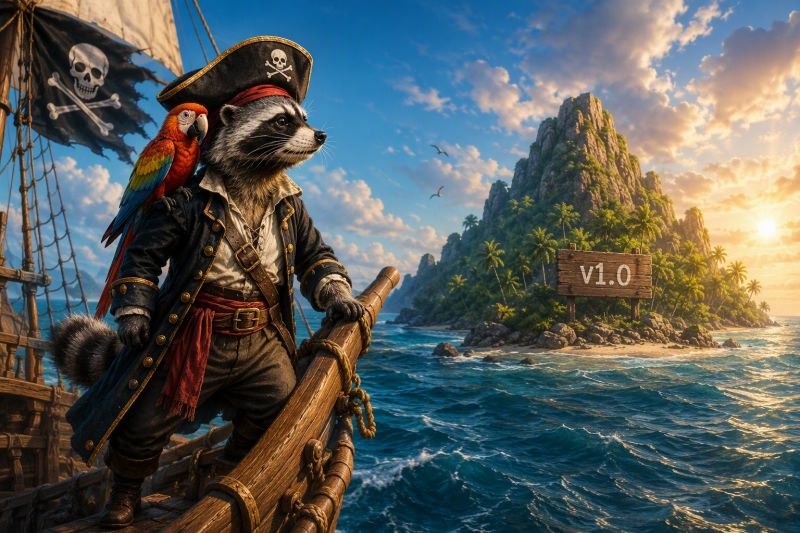 An illustrated pirate raccoon with a parrot sailing toward an island marked v1.0.